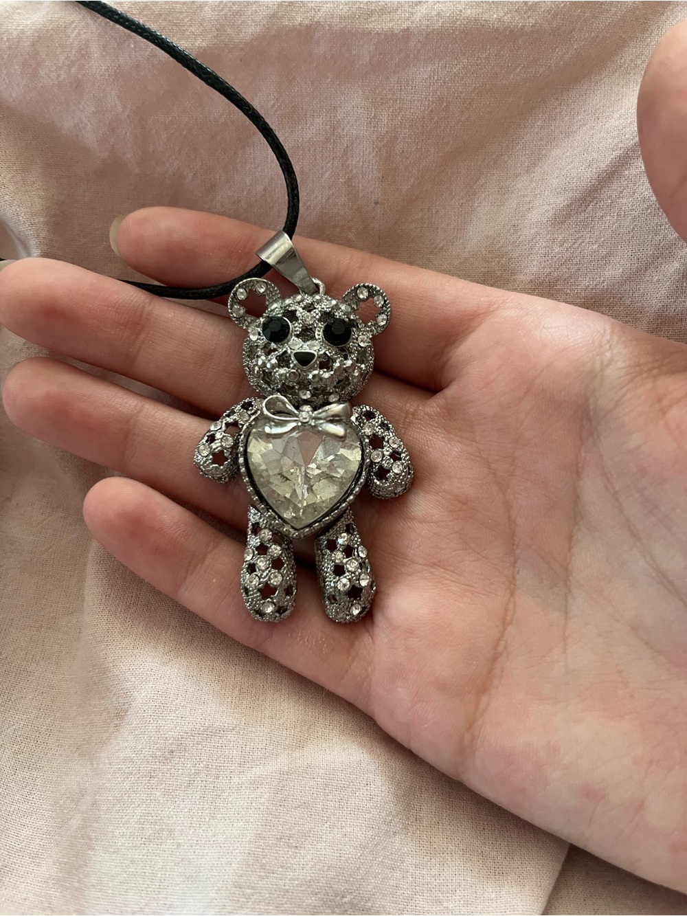 Crystal Teddy Bear Pendant Necklace - Silver Tone with Clear Heart